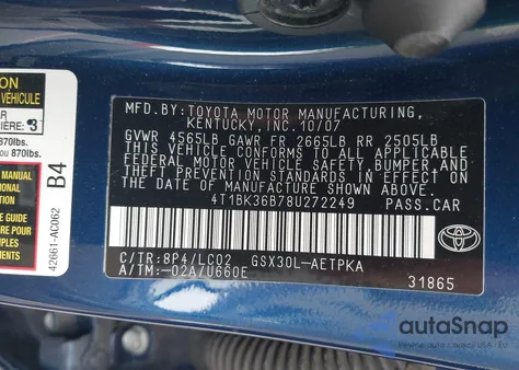 2008 Toyota Avalon Limited z USA, uszkodzony, nr VIN 4T1BK36B78U272249